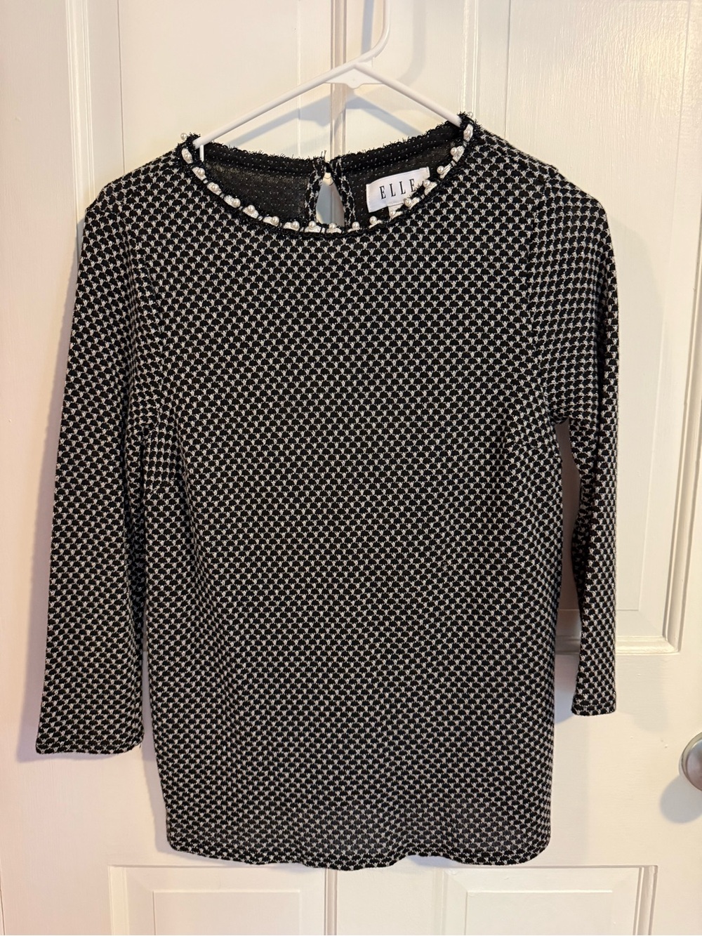 ELLE Black & White Tweed Pearl-Trim Blouse